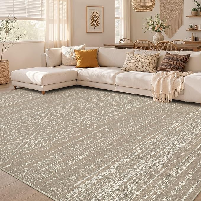 Nakagishi Area Rug Living Room Rugs: 9x12 Large Soft Machine Washable Boho Moroccan FarmNeutral Stain Resistant Indoor Floor Carpet for Bedroom Under Dining Table Home Office Decor-Dark Brown