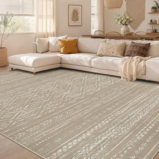 Nakagishi Area Rug Living Room Rugs: 7x9 Large Soft Machine Washable Boho Moroccan FarmNeutral Stain Resistant Indoor Floor Carpet for Bedroom Under Dining Table Home Office Decor-Dark Brown