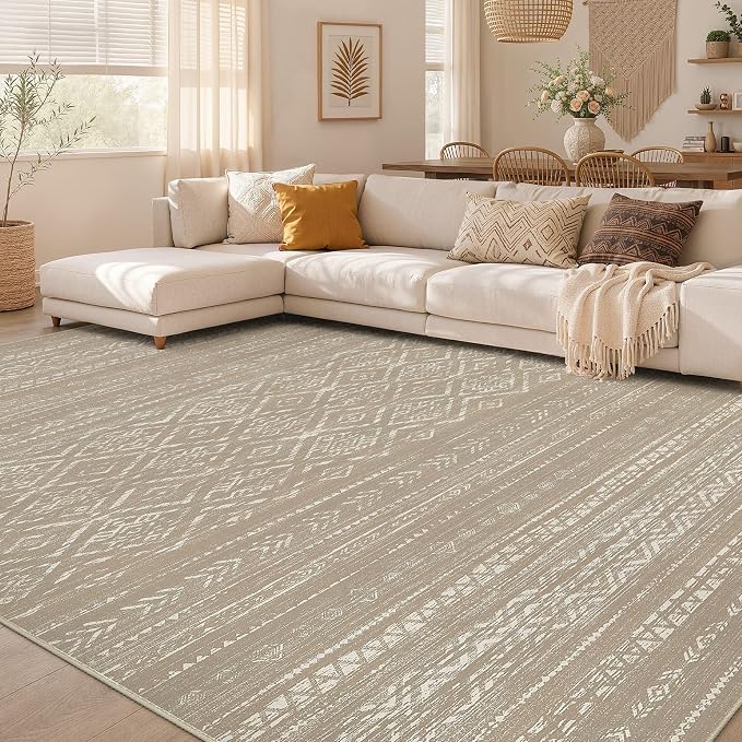 Nakagishi Area Rug Living Room Rugs: 10x12 Large Soft Machine Washable Boho Moroccan FarmNeutral Stain Resistant Indoor Floor Carpet for Bedroom Under Dining Table Home Office Decor-Dark Brown