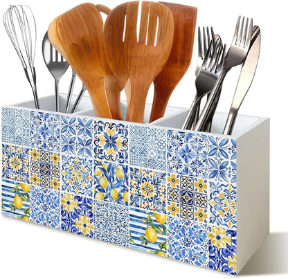 Mediterranean Italy Lemon Pen Pencil Kitchen Cooking Brush Makeup Utensil Holder Organizer for Desk, Mediterranean Lemon Decor, Blue and White Wooden Box Sign for Home Office Tabletop Decor