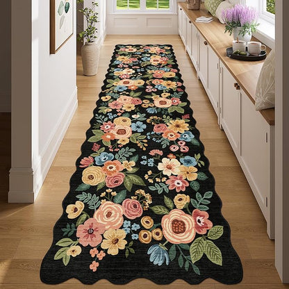 DUKINO 2x8 Washable Runner Rug, Lightweight Soft Floral Hallway Rug Runner with Low Pile Design, Non Shedding & Non Slip Backing Thin Indoor Carpet for Bedroom, Bathroom, Entrance, Kitchen, Black