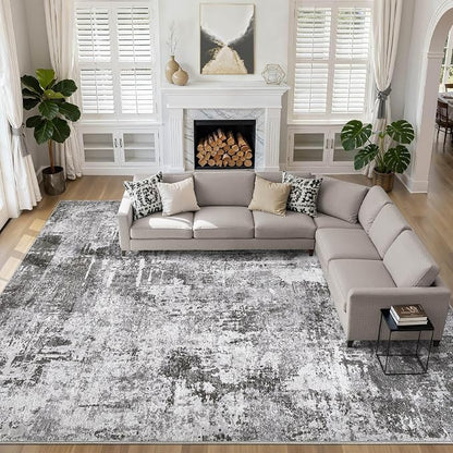 Large Area Rugs 12x15 Living Room: Washable Large Abstract Modern Soft Stain Resistant Indoor Floor Rugs Non-Slip Accent Carpet for Bedroom Nursery Playroom Office Dining Room Home House- Black Grey