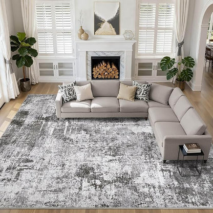 10x13 Area Rug Living Room: Washable Large Abstract Modern Soft Rugs Stain Resistant Indoor Floor Non-Slip Accent Carpet for Bedroom Nursery Playroom Office Dining Room Dorm Home House- Black Grey