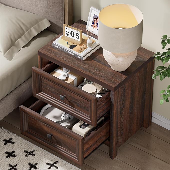 Standifurno Walnut Night Stand with Drawers, Rustic Washed Walnut Nightstand, Farmhouse Bed Side Table for Bedroom, Bedside End Table for Living Room, Bedroom Furniture, Large Storage Wood Nightstand