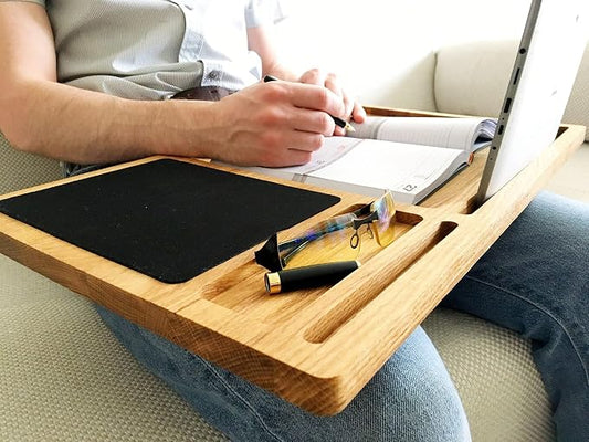Personalized Solid Oak Wood Lap Desk Tray | Includes Mouse Pad & Slots for iMac & iPhone | Portable Laptop Stand, Phone & Tablet Holder | Multi-Tasking Mobile Workstation Idea for Him