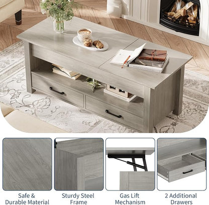 IDEALHOUSE 47.2" Coffee Table with Storage, Multi-Function Lift Top Coffee Table with Wooden Lift Tabletop, 2 Drawers and Hidden Compartment, Central Table for Living Room Home Office, Grey