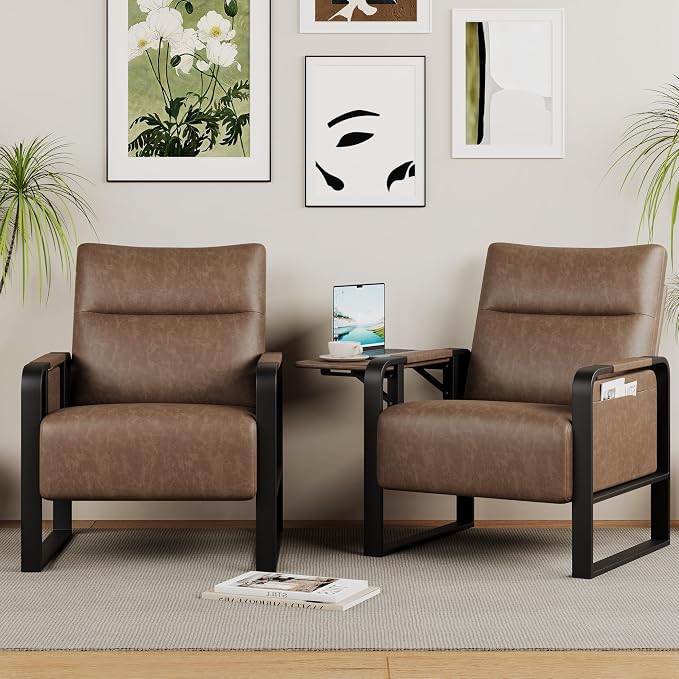 Alunaune Upholstered Living Room Chair Armchair, Mid Century Faux Leather Metal Accent Chair, Reception Couch Office Guest Chair Slipper Club Lounge Single Sofa with Sidetable for Bedroom-Brown