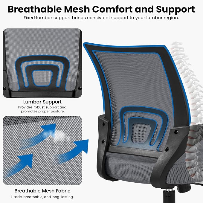 Topeakmart Executive Desk Chair Ergonomic Mesh Back Office Chair Adjustable Work Chair with Lumbar Support and Swivel Rolling Wheels for Home Office Study, Dark Grey