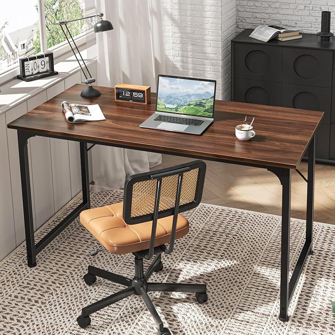 Huuger Computer Desk, 48 Inch Office Desk, Gaming Desk with Storage, Writing Desk Work Desk for Home Office, Study, Modern Simple Desk, Large Legroom, Metal Frame, Walnut