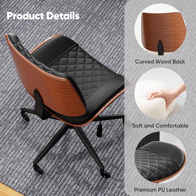 Home Office Desk Chair with Swivel Wheels, Modern PU Leather Armless Office Chair, Small Mid Back Computer Chair for Home Office, Reading Meeting Room (Black, Black Wheels)