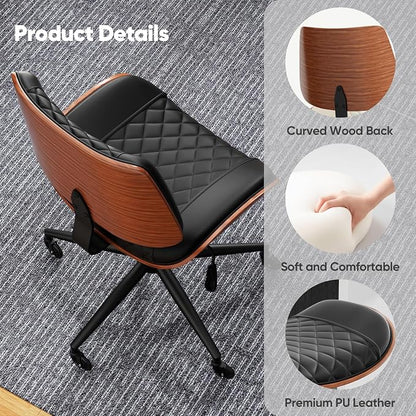 Home Office Desk Chair with Swivel Wheels, Modern PU Leather Armless Office Chair, Small Mid Back Computer Chair for Home Office, Reading Meeting Room (Black, Black Wheels)