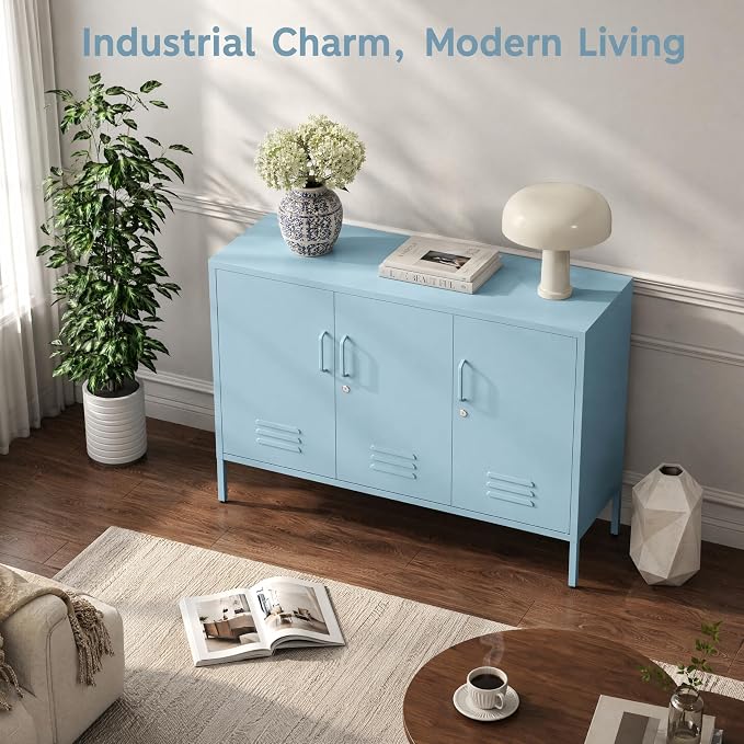 Blue Metal Storage Cabinet with Lock, 47.5" Wide Ventilated Door Locker, 2 Adjustable Shelves, Heavy Duty Home Accent Cabinet for Living Room Kitchen Office Study