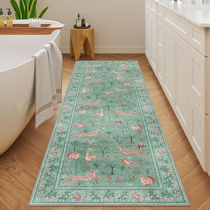 DUKINO 2.6x8 Rug for Hallway, Washable Kitchen Runner Rug with Non Slip Backing, Soft Low Pile Vintage Animal Runner for Bedroom, Kitchen, Hallway, Entryway, Laundry, Teal