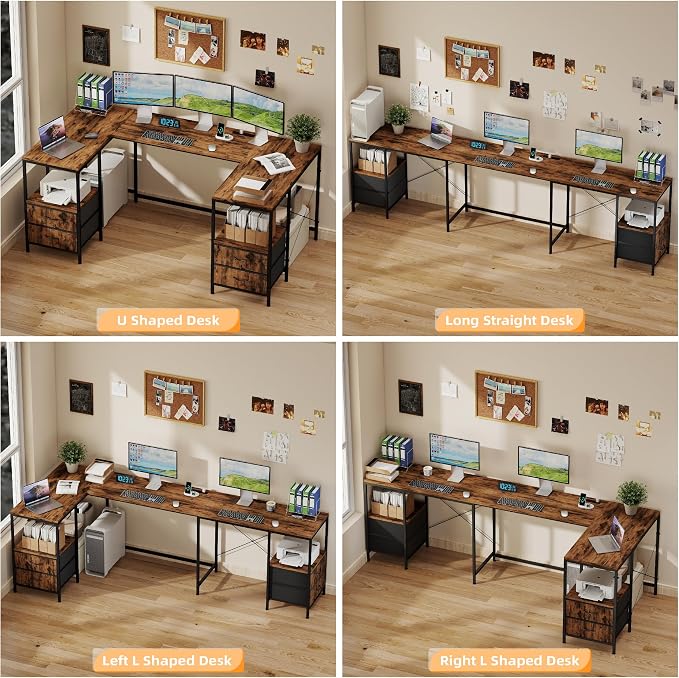 YOSHOOT 67" U Shaped Computer Desk, Reversible L Shaped Gaming Desk | Corner Desk with Power Outlets, 4 Drawers, 2 Storage Shelf, Computer Table with 4 Installation Methods, Rustic Brown