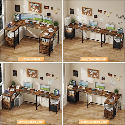 YOSHOOT 67" U Shaped Computer Desk, Reversible L Shaped Gaming Desk | Corner Desk with Power Outlets, 4 Drawers, 2 Storage Shelf, Computer Table with 4 Installation Methods, Rustic Brown