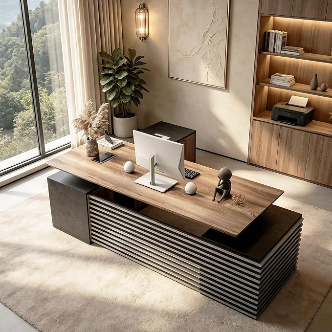 SAINTCY 86.61In L Shaped Executive Standing Desk with Drawers, Large Modern Adjustable Heigh Home Office Desk w/Universal Charging Ports, Business Workstation, Black and Warm Oak
