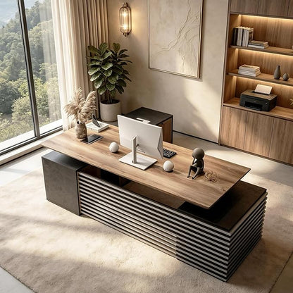 SAINTCY 86.61In L Shaped Executive Standing Desk with Drawers, Large Modern Adjustable Heigh Home Office Desk w/Universal Charging Ports, Business Workstation, Black and Warm Oak