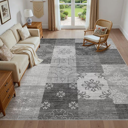 UERMEI 9x12 Area Rug for Living Room - Washable Vintage Carpet, Non-Slip Soft Large Indoor Floor Rugs for Bedroom Home Office & Under Dining Table Decor, Gray Block