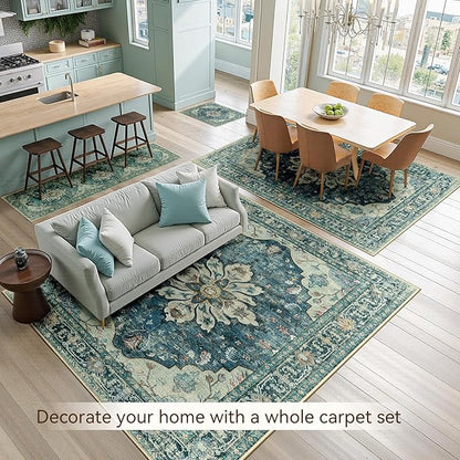 RELEANY Area Rugs Large 9'x12' Washable Non-Slip, Floral Vintage Distress Medallion Carpet for Living Room Bedroom Dining Room, Dark Blue Vintage