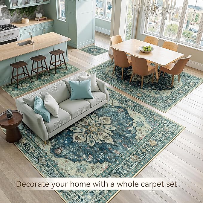RELEANY Area Rugs 5'x7' Washable Non-Slip, Floral Vintage Distress Medallion Carpet for Living Room Bedroom Dining Room, Dark Blue Vintage