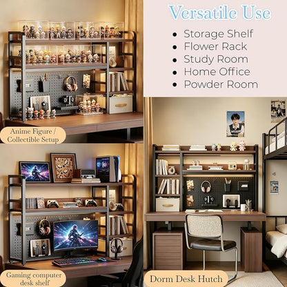 Desktop Hutch Bookshelf, 4-Tier Metal Desk Shelf for Top of Desk | Heavy Duty Countertop Organizer Rack with Peg Board & Accessories Space-Saving Storage for Dorm, Office & Home