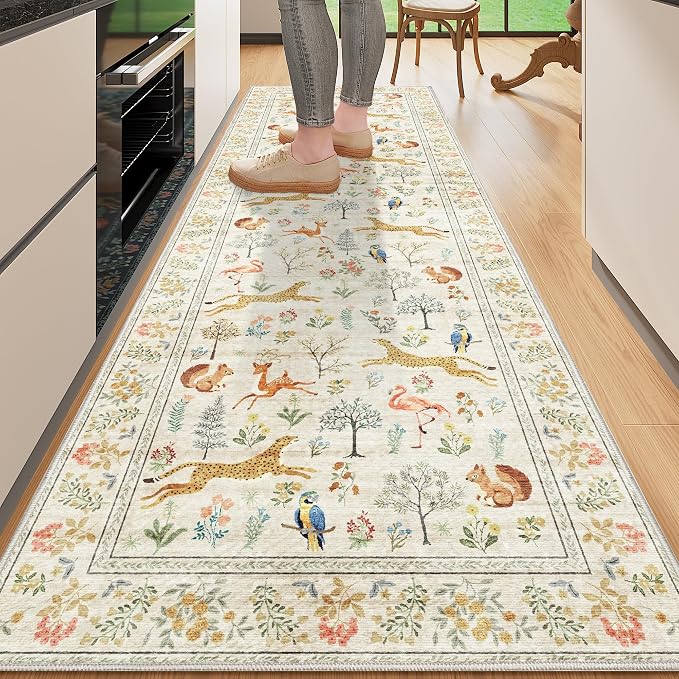 DUKINO 2x10 Rug for Hallway, Washable Kitchen Runner Rug with Non Slip Backing, Soft Low Pile Vintage Animal Runner for Bedroom, Kitchen, Hallway, Entryway, Laundry, White