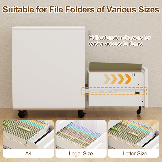 3 Drawers Slim File Cabinet, Mobile Filing Cabinet with Lock, Steel, Fully Assembled Except Casters, for Home Office, for A4, Letter, Legal File Folders, White