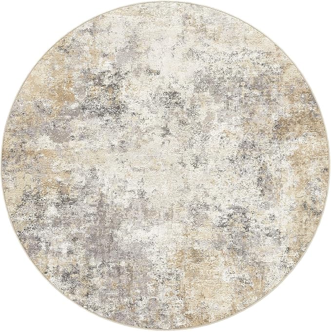 UERMEI 10ft Round Area Rug Living Room Rugs - 10x10 Washable Large Neutral Modern Abstract Soft Thin Rug Indoor Floor No Slip Rug Carpet for Bedroom Under Dining Table Home Office Decor - Golden Grey