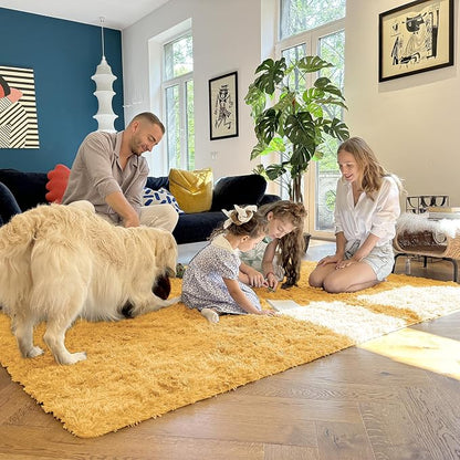 OLANLY 8x10 Machine Washable Large Area Rugs for Living Room, Bedroom, Soft Fluffy Shaggy Bedside Rug, Indoor Floor Carpet for Kids Girls and Boys, Dorms, Nursery, Home Decor Aesthetic, Mustard Yellow