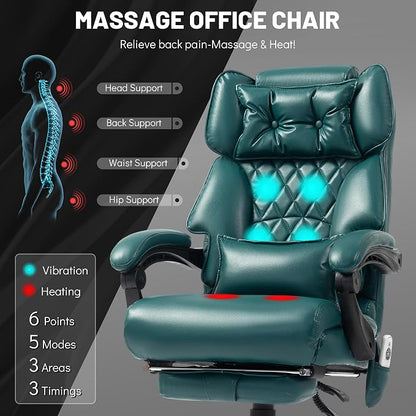 Massage Office Chair with Foot Rest,6 Points Vibration & Heat Executive Office Chairs for Heavy People,500LBS Big and Tall Office Chair,Ergonomic Reclining Desk Chair,Dual-Use Pillow,Home Office,Green