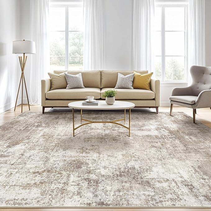 LOONGRUG 7x10 Area Rug Living Room: Washable Large Abstract Soft Rugs Stain Resistant Indoor Floor Non-Slip Accent Carpet for Women Modern Home Enthusiasts Aged- Bedroom Nursery Playroom- Beige Brown