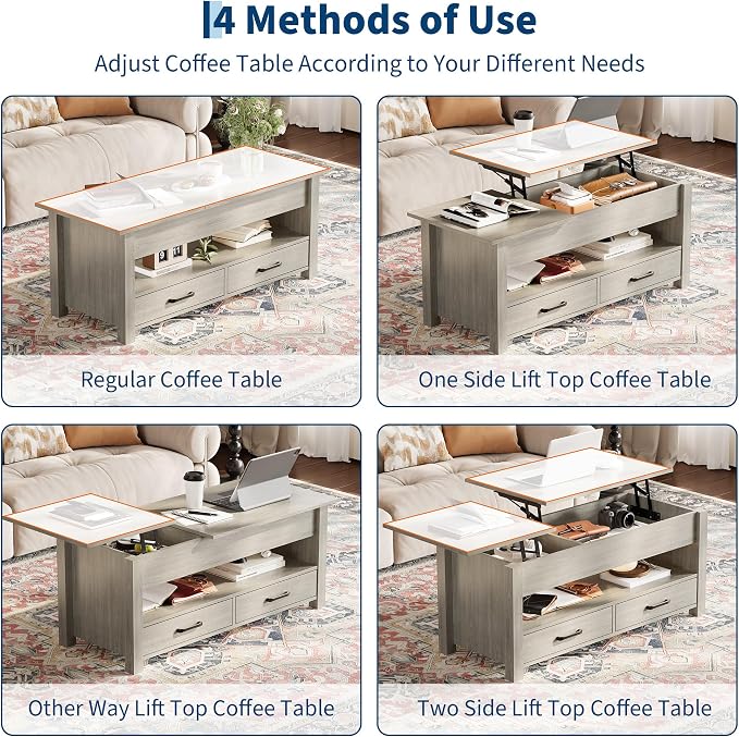 IDEALHOUSE 47.2" Coffee Table with Storage, Multi-Function Lift Top Coffee Table with Wooden Lift Tabletop, 2 Drawers and Hidden Compartment, Central Table for Living Room Home Office, Grey