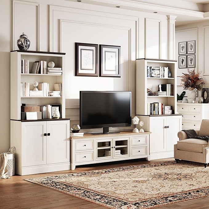 FENSULN 72 in Tall Bookshelf 5 Tier Bookcase with Adjustable Shelves, Antique White Book Shelf with Storage Cabinet, Wood Freestanding Display Bookshelves for Home Office,Bedroom, Living Room(Pack 2)