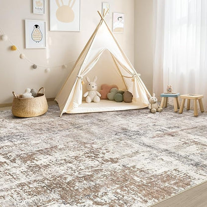 UERMEI Area Rug Living Room Rugs - Washable Neutral Modern Abstract Soft Thin Rug Indoor Floor No Slip Rug Carpet for Bedroom Under Dining Table Home Office Decor - Brown/Grey/Red - 9x12