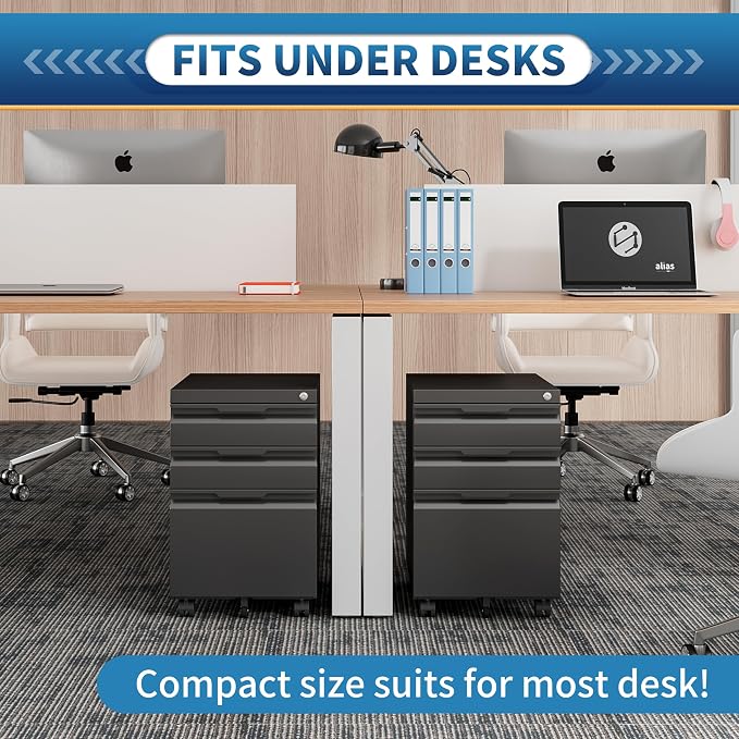 Locking File Cabinet 3 Drawers on Wheels Under Desk, Metal Filing Cabinets for Home Office, A4, Letter-Size Files, Hanging File Folders-Black