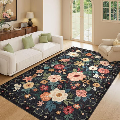 DUKINO 5x8 Area Rug for Living Room, Washable Lightweight Non Slip Floral Bedroom Rug with Non Shedding Design, Soft Low Pile Large Indoor Carpet for Dining Room, Kids Playroom, Nursery, Office, Black