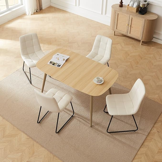 HIPIHOM 55'' Scratch Resistant Modern Wood Dining Table for 4 with Leather U-Shaped Chairs - Kitchen Dining Room Furniture (Easy to Assemble, Pet Friendly Surface, White Chair