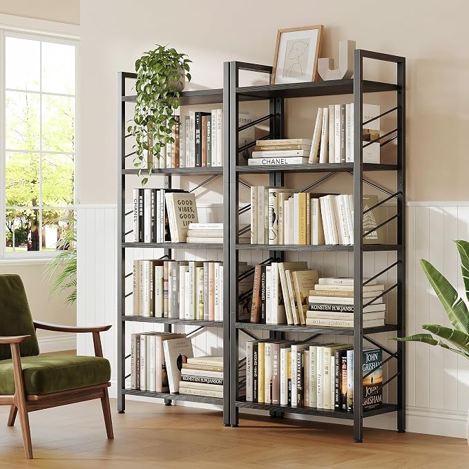 DurayLoly 5 Tier Bookshelf, Industrial Tall Bookcase, Modern Display Book Shelf with Metal Frame and Sidebars for Bedroom, Living Room and Home Office, Black