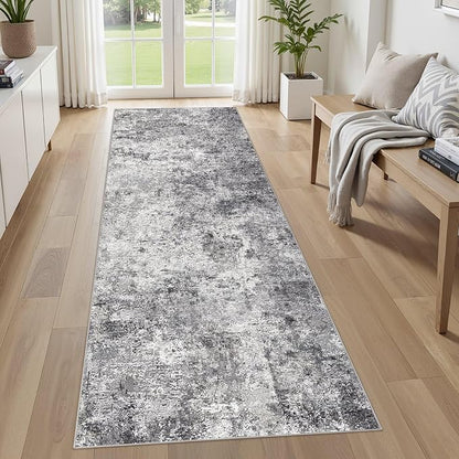 UERMEI 3x8 Washable Runner Rug for Hallway, Non Slip Low Pile Kitchen Carpet, Neutral Modern Abstract Indoor Floor Mat for Entryway Laundry, Kid & Pet Safe High Traffic Area, Grey