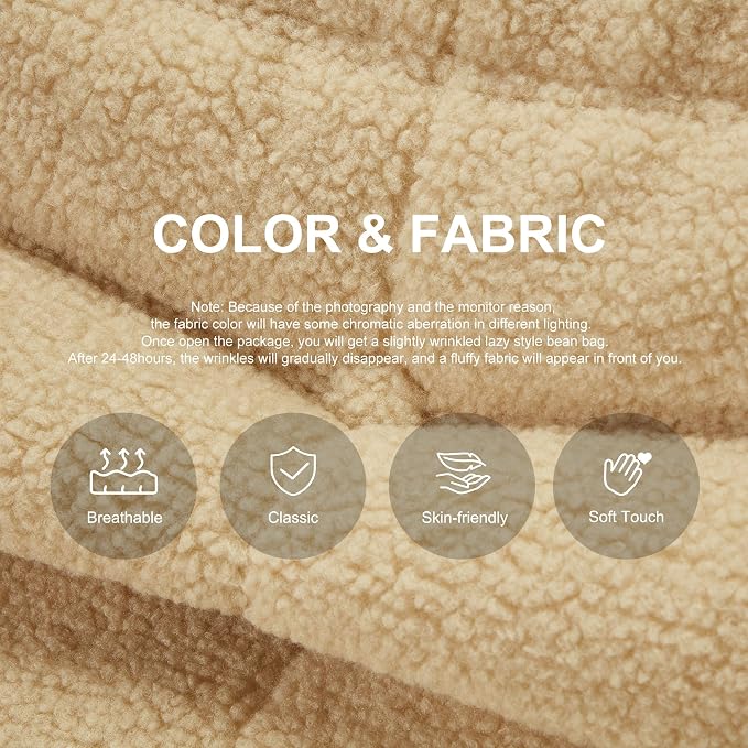 Hobestluk Adults Bean Bag Chair Faux Fur BeanBag Couch for Living Room | Khaki Teddy,Ergonomic Design,Memory Foam,UltraSoft,Anti-slip Bottom,No Assembly Required,Decorative Style for Living Room