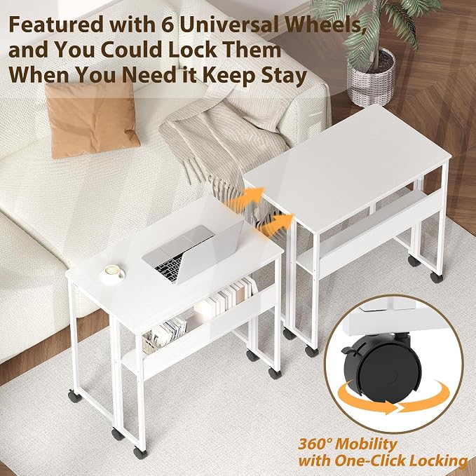 Folding Desk with Storage Shelf, 24.8 Inch Foldable Computer Table with Wheels for Small Spaces,Space Saving Sofa Table for Couch, Rolling Writing Work Office Computer Desk, Easy to Fold,White