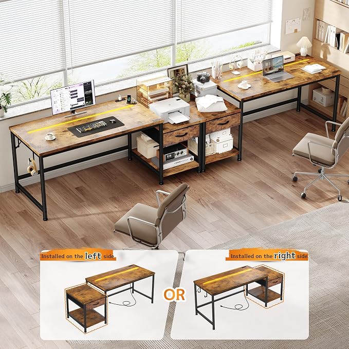 48.1''Gaming Computer Desk with A Reversible Printer Shelf, Built-in Power Outlets & LED Lights, Desk with Drawer and Headphone Hook for Gaming,Craft Working and Studying in Bedroom, Dorm,Rustic Brown