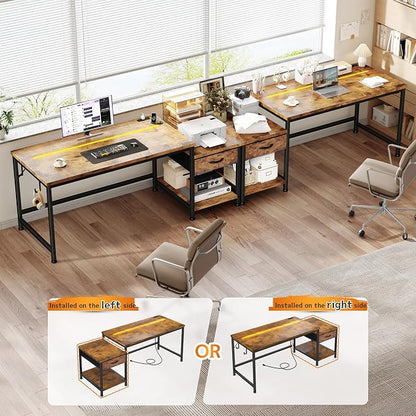 48.1''Gaming Computer Desk with A Reversible Printer Shelf, Built-in Power Outlets & LED Lights, Desk with Drawer and Headphone Hook for Gaming,Craft Working and Studying in Bedroom, Dorm,Rustic Brown