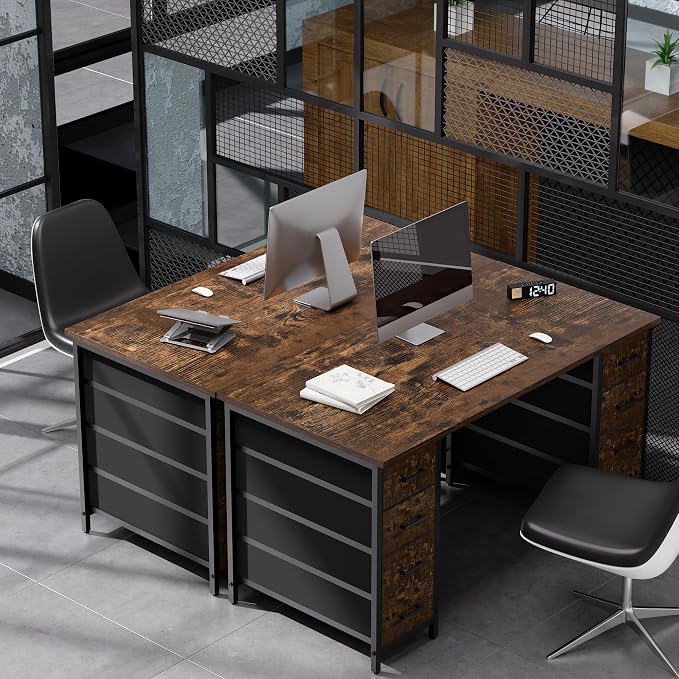 Pamray 47 Inch Computer Desk with 8 Fabric Drawers PC Gaming Desk Home Office Study Work Writing Table for Bedroom Vintage
