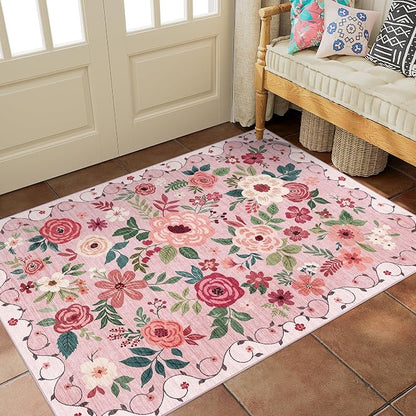 DUKINO 3x5 Area Rug, Floral Rugs for Living Room, Lightweight Non Slip Washable Rug, Indoor Low Pile & Non-Shedding Boho Design Rugs for Bedroom, Living Room, Dining Room, Pink