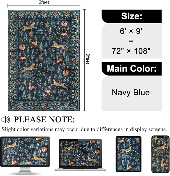 DUKINO 6x9 Rug, Washable Animal Living Room Rug with Non Slip Vintage Design, Soft Low Pile Large Carpet for Bedroom, Nursery, Dining Room, Farmhouse, Playroom, Navy Blue