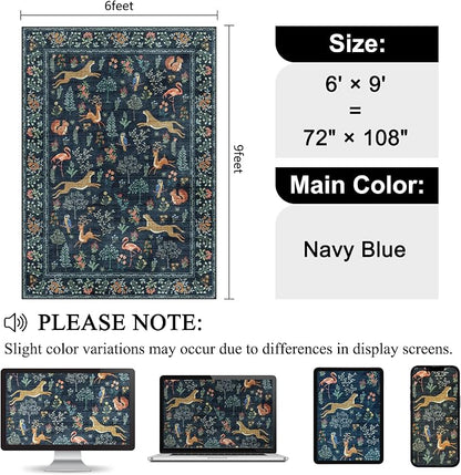 DUKINO 6x9 Rug, Washable Animal Living Room Rug with Non Slip Vintage Design, Soft Low Pile Large Carpet for Bedroom, Nursery, Dining Room, Farmhouse, Playroom, Navy Blue
