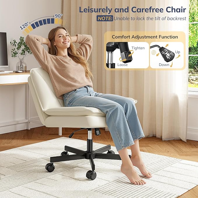 DurayLoly Criss Cross Chair with Wheels, Armless Cross Legged Office Chair with 2 Layer Comfy Leather & Back, 90°-120° Reclining, Wide Vanity Chair for Home Office, Beige