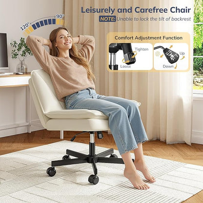 DurayLoly Criss Cross Chair with Wheels, Armless Cross Legged Office Chair with 2 Layer Comfy Leather & Back, 90°-120° Reclining, Wide Vanity Chair for Home Office, Beige