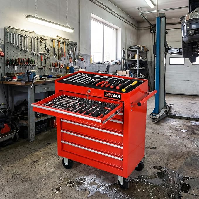 RYH 7 Drawers Rolling Tool Chest & Tool Box on Wheels | Heavy Duty Metal Cart with Ball Bearing Drawers | Fits US General Tool Box for Garage Storage (Red, 7 Drawers（29.6" H × 24.4" W × 13" D)